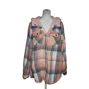 Asvivid Jacket Womens Plaid Hooded Sherpa Shacket Button Front Size L Pink Blue
